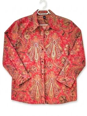 Chaps Red Paisley Button Down Cotton Blouse Women's XL